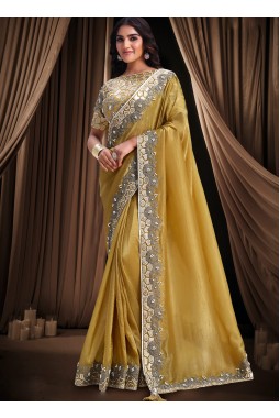 Mustard Banarasi Silk Pearl Embroidery Designer Wedding Saree