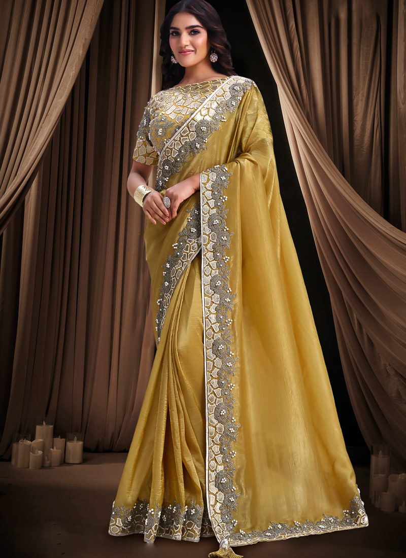 Mustard Banarasi Silk Pearl Embroidery Designer Wedding Saree