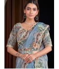 Blue Satin Silk Handwork Designer Wedding Saree