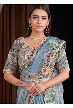 Blue Satin Silk Handwork Designer Wedding Saree