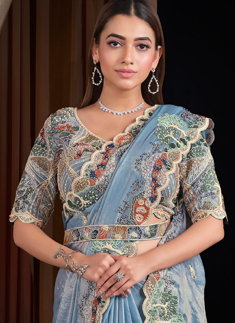 Blue Satin Silk Handwork Designer Wedding Saree