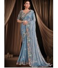 Blue Satin Silk Handwork Designer Wedding Saree