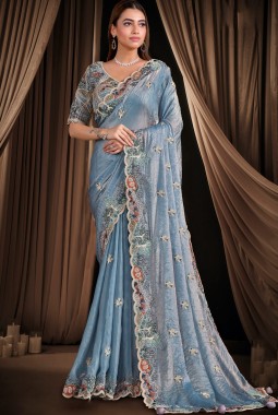 Blue Satin Silk Handwork Designer Wedding Saree
