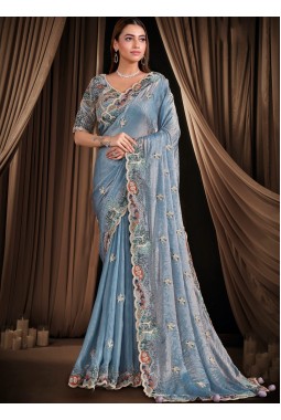 Blue Satin Silk Handwork Designer Wedding Saree