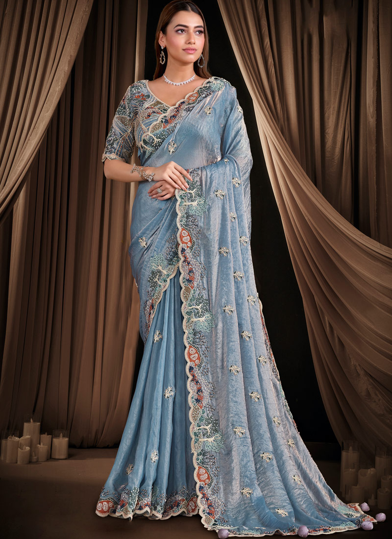 Blue Satin Silk Handwork Designer Wedding Saree