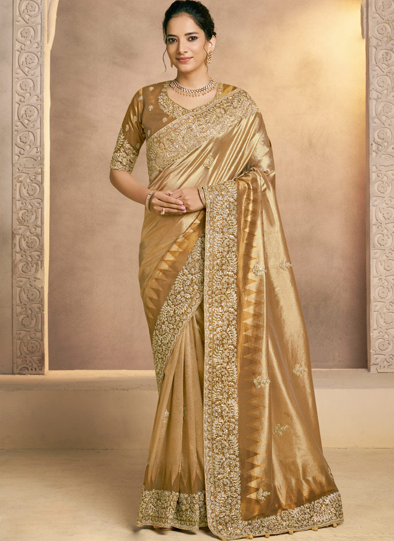 Mustard Silk Zardosi Handwork Designer Wedding Saree