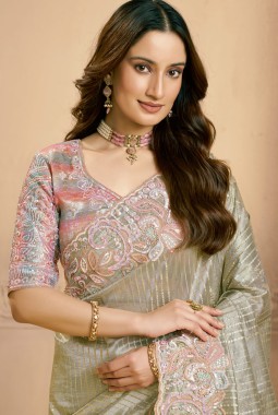 Grey Zari Tissue Swarovski Work Designer Wedding Saree