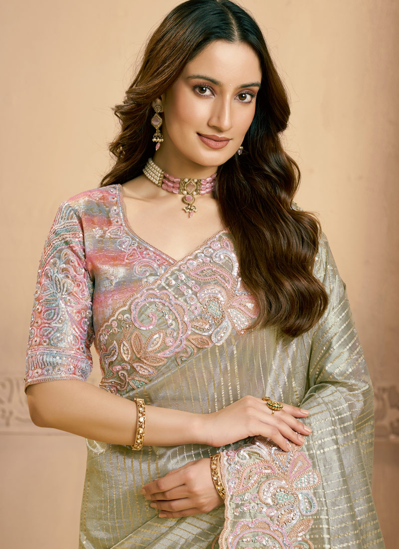 Grey Zari Tissue Swarovski Work Designer Wedding Saree