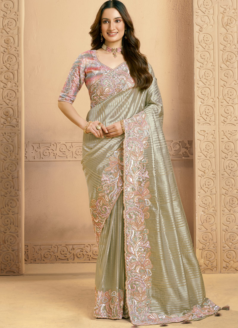 Grey Zari Tissue Swarovski Work Designer Wedding Saree