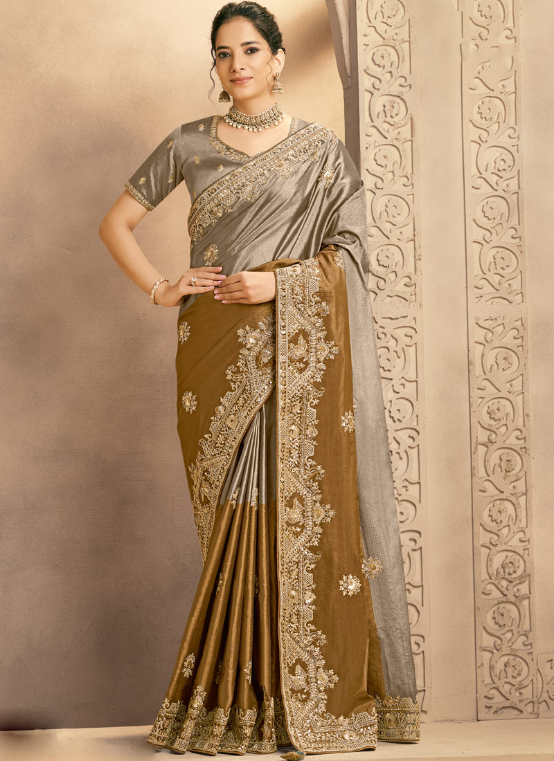Mustard Zari Silk Handwork Designer Wedding Saree
