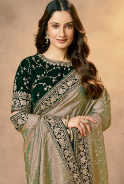 Green Tissue Silk Zardosi Handwork Designer Wedding Saree