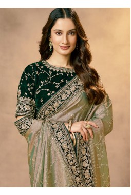 Green Tissue Silk Zardosi Handwork Designer Wedding Saree