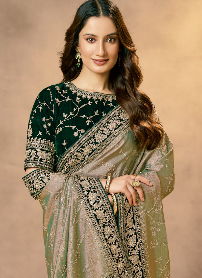 Green Tissue Silk Zardosi Handwork Designer Wedding Saree