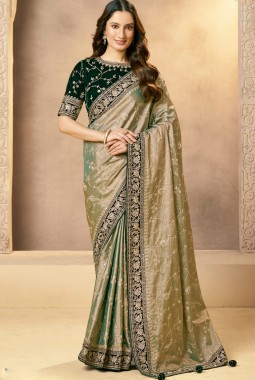 Green Tissue Silk Zardosi Handwork Designer Wedding Saree