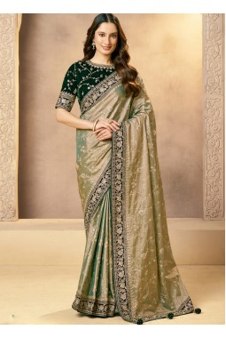 Green Tissue Silk Zardosi Handwork Designer Wedding Saree