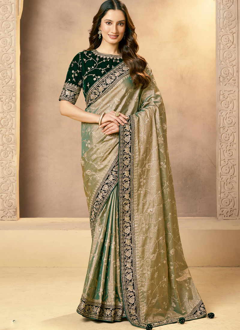 Green Tissue Silk Zardosi Handwork Designer Wedding Saree