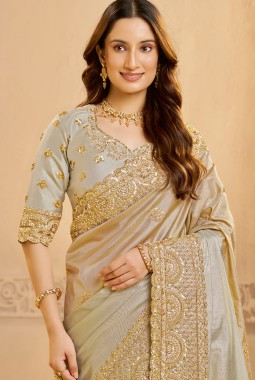 Grey Zari Tissue Sequins Work Designer Wedding Saree