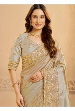 Grey Zari Tissue Sequins Work Designer Wedding Saree