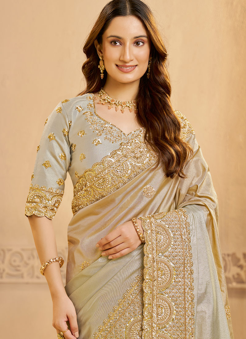 Grey Zari Tissue Sequins Work Designer Wedding Saree