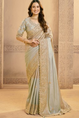 Grey Zari Tissue Sequins Work Designer Wedding Saree