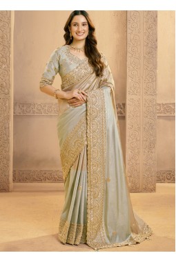 Grey Zari Tissue Sequins Work Designer Wedding Saree