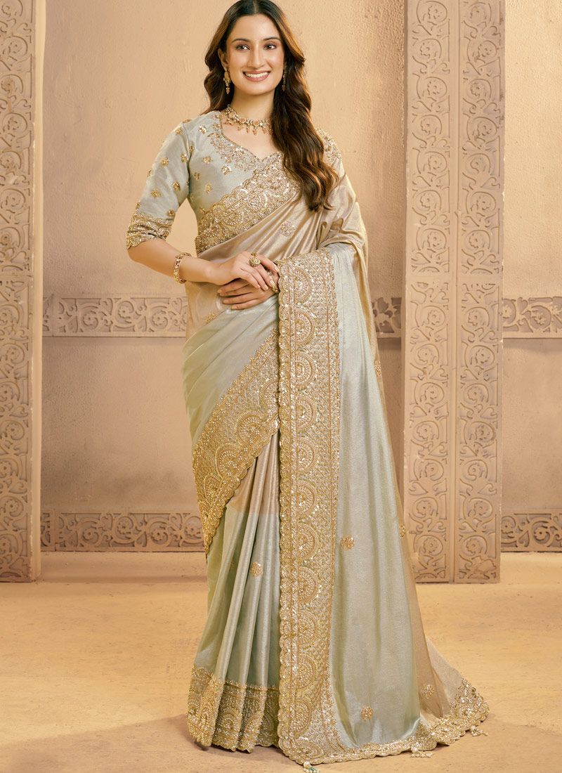 Grey Zari Tissue Sequins Work Designer Wedding Saree