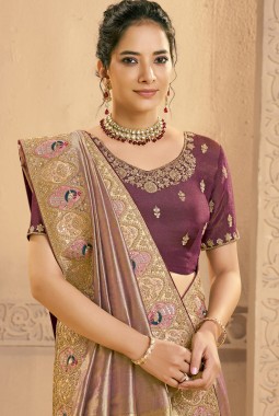 Purple Tissue Silk Handwork Designer Wedding Saree