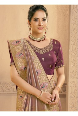 Purple Tissue Silk Handwork Designer Wedding Saree