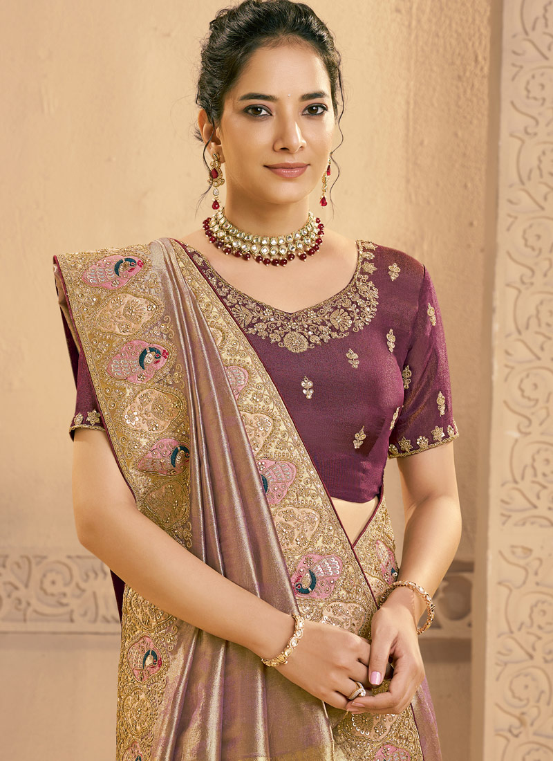 Purple Tissue Silk Handwork Designer Wedding Saree
