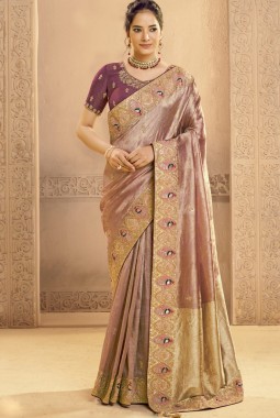 Purple Tissue Silk Handwork Designer Wedding Saree