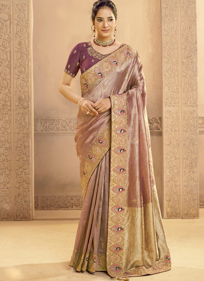 Purple Tissue Silk Handwork Designer Wedding Saree