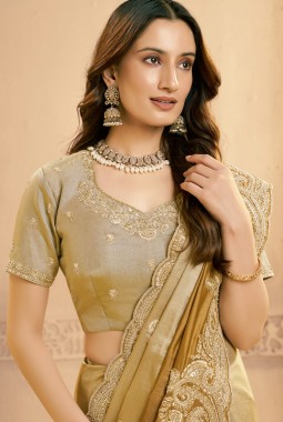 Mustard Zari Silk Sequins Work Designer Wedding Saree