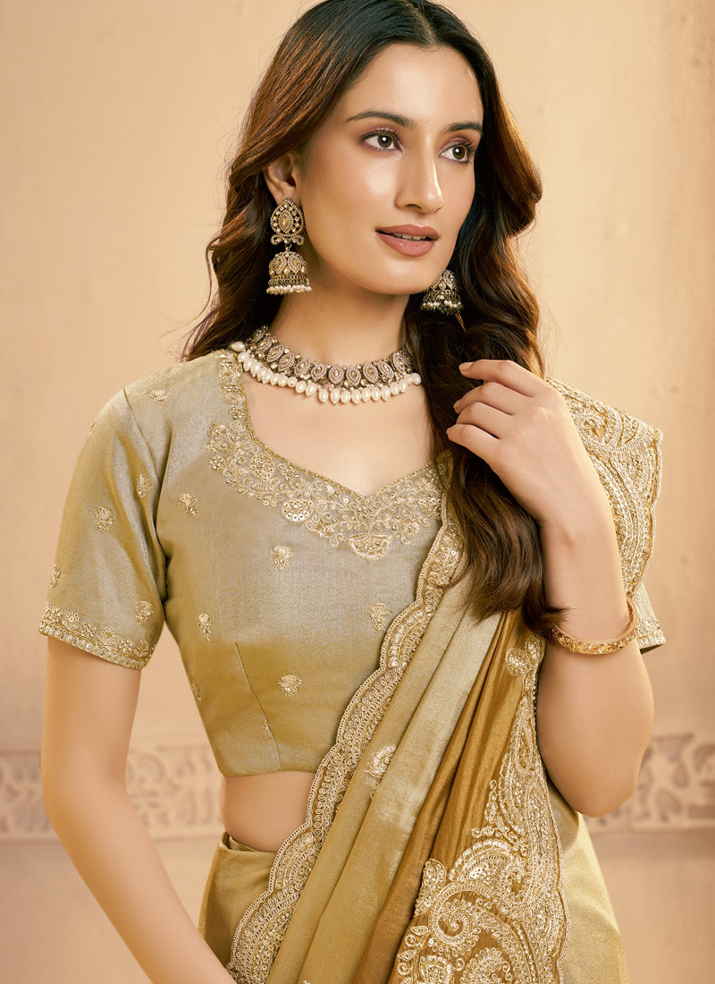 Mustard Zari Silk Sequins Work Designer Wedding Saree