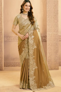 Mustard Zari Silk Sequins Work Designer Wedding Saree