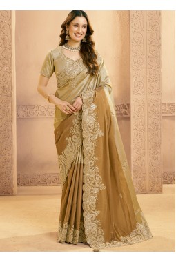 Mustard Zari Silk Sequins Work Designer Wedding Saree