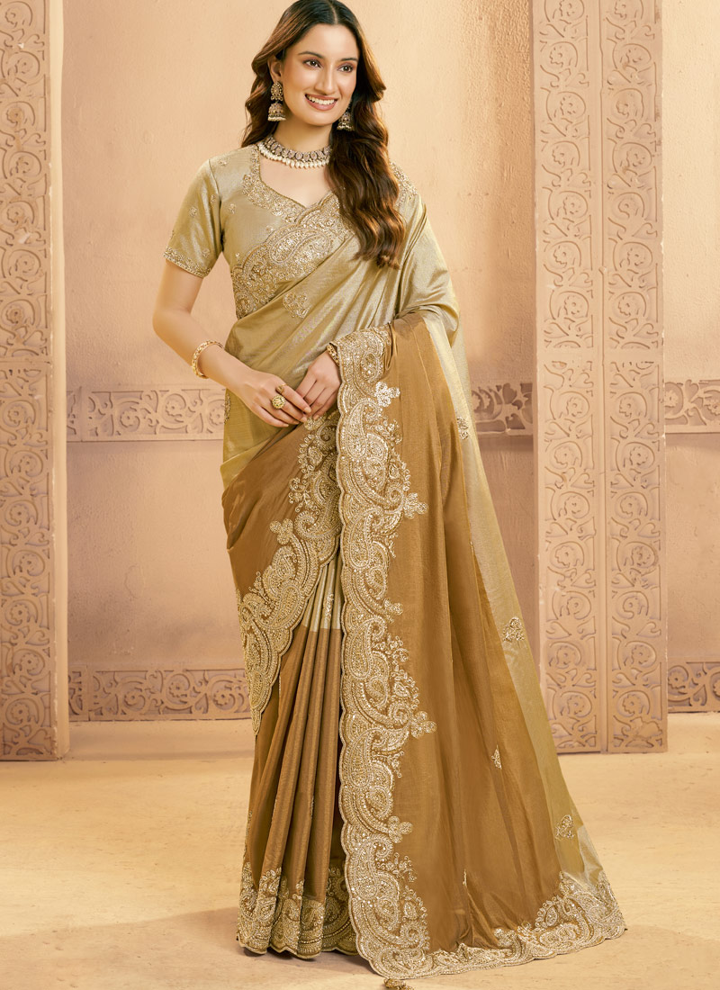 Mustard Zari Silk Sequins Work Designer Wedding Saree