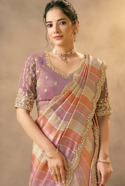Lavender Banarasi Tissue Pearls Work Designer Wedding Saree