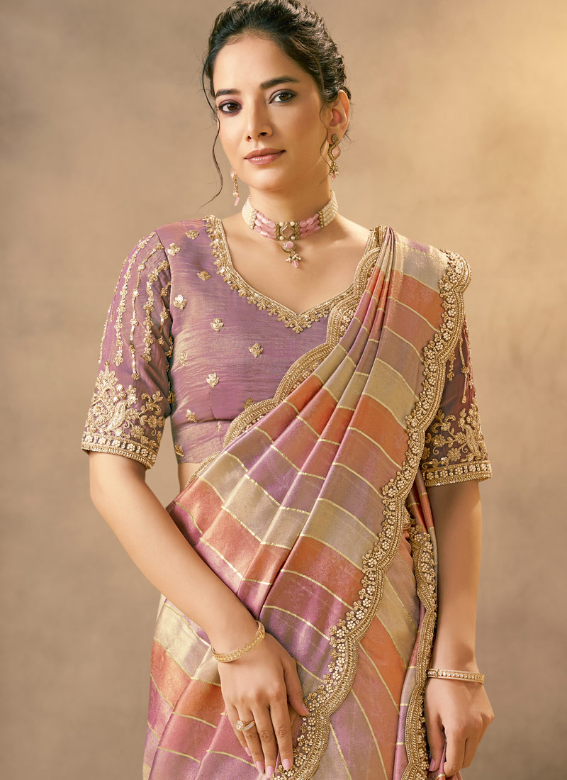 Lavender Banarasi Tissue Pearls Work Designer Wedding Saree