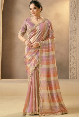 Lavender Banarasi Tissue Pearls Work Designer Wedding Saree