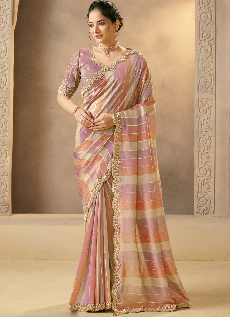 Lavender Banarasi Tissue Pearls Work Designer Wedding Saree