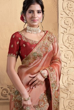 Orange Tissue Handwork Designer Wedding Saree