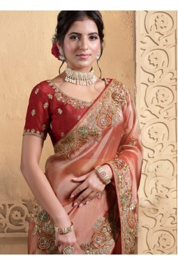 Orange Tissue Handwork Designer Wedding Saree
