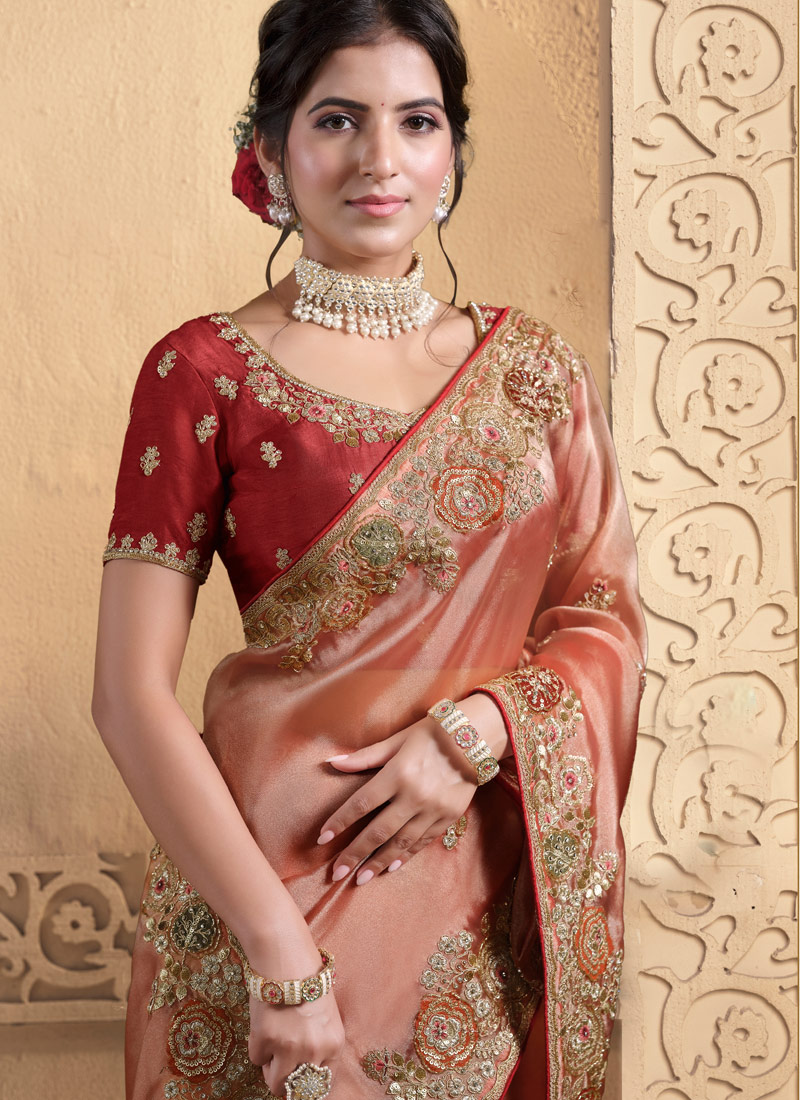 Orange Tissue Handwork Designer Wedding Saree