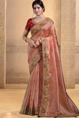 Orange Tissue Handwork Designer Wedding Saree