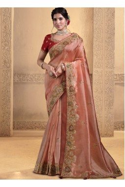 Orange Tissue Handwork Designer Wedding Saree