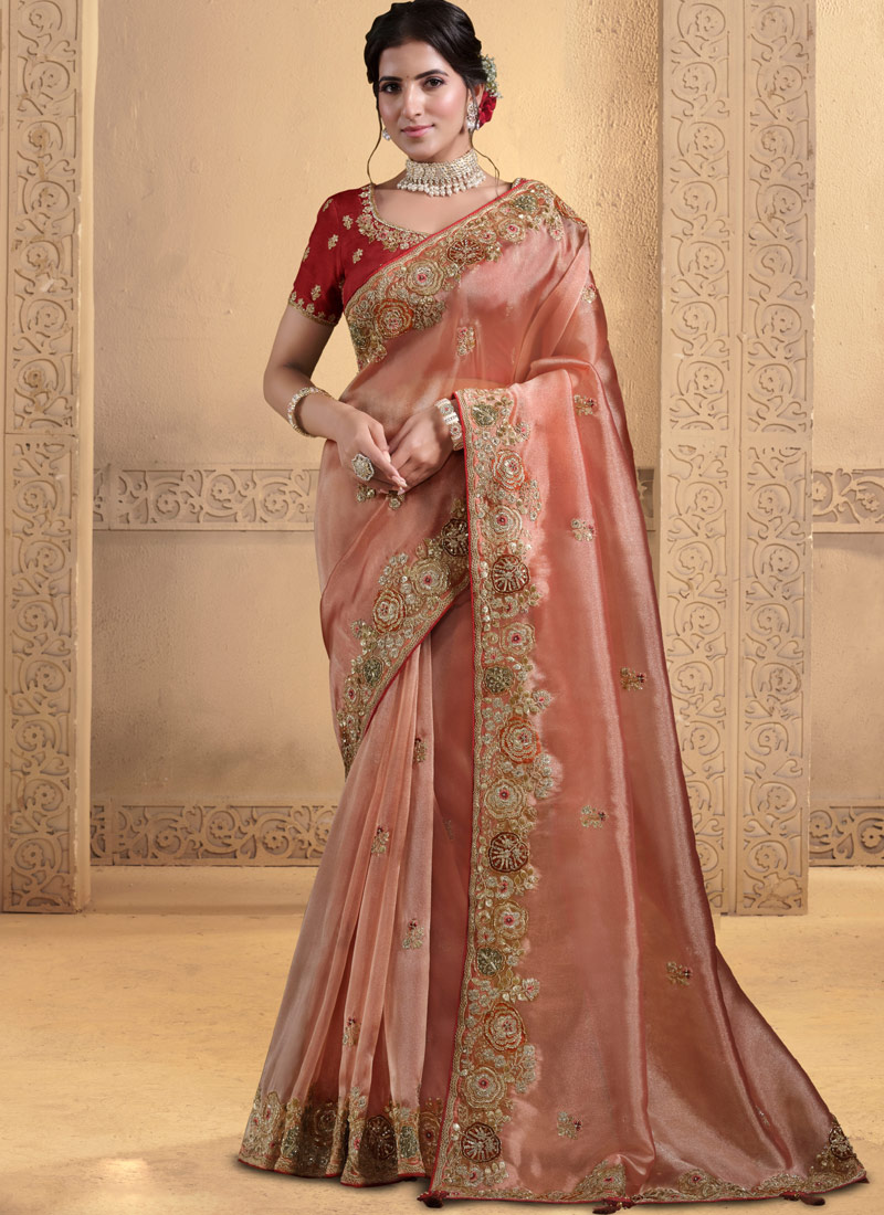 Orange Tissue Handwork Designer Wedding Saree