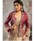 Designer Beige-Maroon Pre-Stitched Saree With Jacket Belt And Tube Blouse