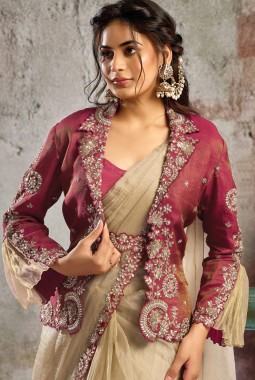 Designer Beige-Maroon Pre-Stitched Saree With Jacket Belt And Tube Blouse