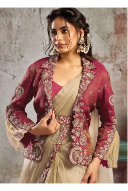 Designer Beige-Maroon Pre-Stitched Saree With Jacket Belt And Tube Blouse