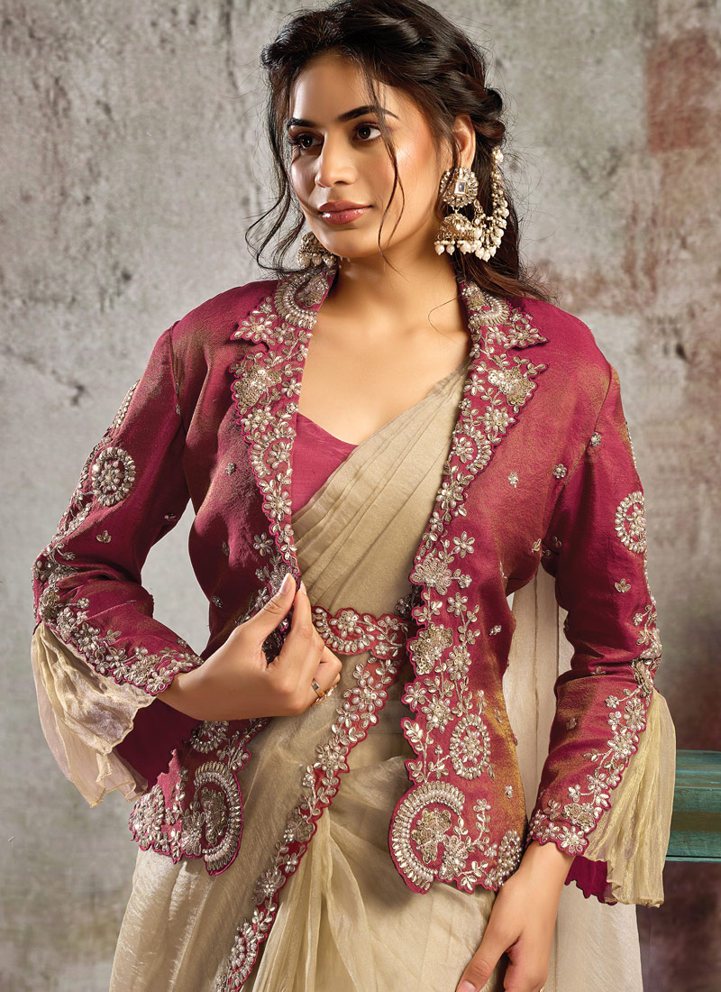 Designer Beige-Maroon Pre-Stitched Saree With Jacket Belt And Tube Blouse